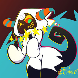 anthro black_body black_scales butt clothing female horn long_tail multicolored_eyes open_mouth scales shirt simple_background solo star tail teeth thick_thighs topwear tunic white_clothing white_shirt white_topwear white_tunic yellow_teeth ciantany demon scalie 1:1 character_request hi_res portrait three-quarter_portrait