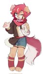 ambiguous_gender anthro black_clothing brown_body brown_fur claws clothing collar eyes_closed footwear fur hair paws pink_body pink_clothing pink_fur pink_hair red_clothing simple_background socks solo white_background white_body white_clothing white_fur yellow_clothing crayon_(artist) canid canine canis domestic_dog mammal hi_res