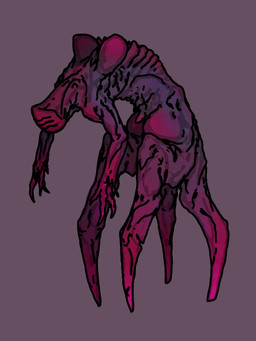 big_breasts big_butt breasts butt female front_view pink_body purple_background purple_body quadruped simple_background solo trenchkaiju humanoid monster monstrous_humanoid 3:4