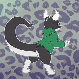 anthro biped black_body blue_eyes bottomless clothed clothing hoodie hoodie_only horn looking_at_viewer looking_back looking_back_at_viewer male multicolored_body pattern_background raised_tail rear_view simple_background solo tail topwear topwear_only two_tone_body white_body aztepyeen topi_(topicoatl) kobold scalie 1:1 2022 absurd_res hi_res