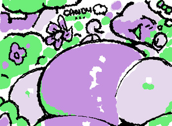 ambiguous_anthro ambiguous_gender anthro belly belly_focus big_belly blush blush_lines dialogue ellipsis eyes_closed featureless_crotch flower happy lying multicolored_body on_back open_mouth open_smile overweight overweight_ambiguous overweight_anthro pear-shaped_figure plant purple_body purple_flower semi-anthro shrub smile solo text thought_bubble two_tone_body wide_hips ligma_(artist) nintendo pokemon generation_6_pokemon goodra pokemon_(species) 2025 animated digital_media_(artwork) english_text flat_colors low_res pictographics wigglypaint_(artwork)