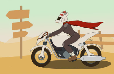 clear_sky cloak clothing female fur motorcycle motorcycle_helmet orange_body orange_fur sky vehicle wasteland yikeone laika_aged_through_blood laika_(laika_aged_through_blood) absurd_res hi_res