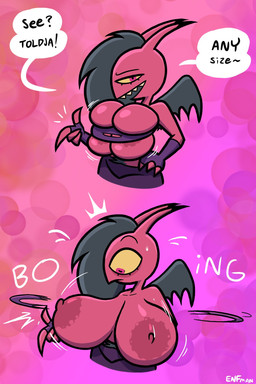 areola armpit_hair body_hair breast_expansion breasts clothing dialogue expansion fangs female happy_trail horn nipples not_furry solo speech_bubble teeth text topwear torn_clothing tube_top wardrobe_malfunction wings theenfman sylva_(theenfman) demon humanoid imp 2:3 english_text hi_res