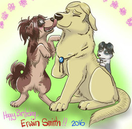 amputee black_body black_fur black_hair blonde_hair blush brown_body brown_fur brown_hair disability eyewear face_lick feral feral_with_hair fur glasses gradient_fur group hair jewelry licking missing_arm missing_limb pendant tongue trio white_body white_fur yellow_body yellow_fur mizzkie attack_on_titan erwin_smith hange_zoe levi_ackerman canid canine canis domestic_dog mammal 2017 low_res