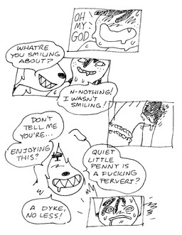 anthro bangs beaded_jewelry beads blush bodily_fluids bracelet cartoon_freckles cute_fangs dialogue dirty_talk dreadlocks drooling duo emanata eyebrows fangs female female/female fingering flash_emanata floppy_ears freckled_face freckles genitals grin hair hair_over_eye homophobic_slur jewelry kandi_(jewelry) orientation_play profanity pubes saliva sharp_teeth simple_background smile speech_bubble spiral spiral_eyes sweat sweatdrop tear_trough teeth text vaginal vaginal_fingering vulva white_background gaydottiff penny_(gaydottiff) shelley_(gaydottiff) canid canine canis domestic_cat domestic_dog felid feline felis mammal 2023 black_and_white comic english_text hi_res monochrome trans_(lore) trans_woman_(lore)