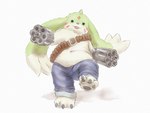 ammo_belt anthro beady_eyes belly bottomwear claws clothing denim denim_bottomwear denim_clothing fur gun_arm horn jeans long_ears male navel overweight overweight_male pants pawpads simple_background solo white_background white_body white_fur apluss bandai_namco digimon digimon_(species) gargomon lagomorph leporid mammal rabbit 4:3