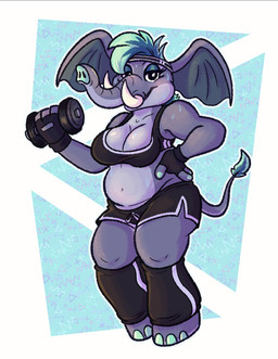 anthro bodily_fluids bra breasts clothing colored_nails elephant_tail exercise_clothing exercise_equipment female fingerless_gloves floppy_ears gloves grey_body grey_skin hair handwear nails proboscis_(anatomy) slightly_chubby solo sports_bra sweat sweatband teal_hair trunk_(anatomy) tusks underwear weights henryjanedoe elephant elephantid mammal proboscidean hi_res