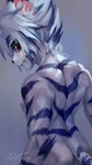 anthro back_muscles bangs blue_hair blue_highlights blue_stripes blush blush_lines bow_ribbon clenched_teeth fur hair highlights_(coloring) looking_at_viewer looking_back looking_back_at_viewer male multicolored_body multicolored_fur multicolored_hair muscular muscular_anthro muscular_arms muscular_male neck_ribbon nervous_smile nude pink_inner_ear rear_view red_eyes short_hair solo spiky_hair striped_hair stripes teeth two_tone_body two_tone_fur two_tone_hair white_body white_fur white_hair dr.fox onmyou_taisenki kogenta_(onmyou_taisenki) felid mammal pantherine tiger 9:16 digital_media_(artwork) digital_painting_(artwork) half-length_portrait hi_res painting_(artwork) portrait