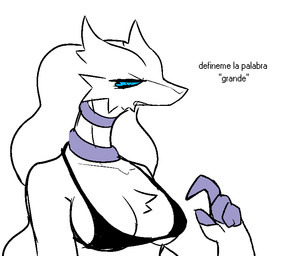 anthro biped blue_eyes bra breasts cleavage clothed clothing dialogue female fur looking_at_viewer simple_background solo text underwear white_background white_body white_fur gonda nintendo pokemon generation_5_pokemon legendary_pokemon pokemon_(species) reshiram aliasing digital_media_(artwork) spanish_text translated