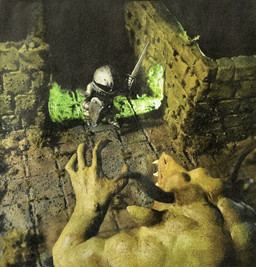 2_horns ambiguous_gender armor detailed_background doorway duo fantasy full_armor headgear helmet holding_melee_weapon holding_object holding_sword holding_weapon horn inside knight melee_weapon moss muscular plant pointy_ears sharp_teeth shield snout stone_floor stone_wall sword teeth wall_(structure) warrior weapon plastiboo horned_humanoid human humanoid mammal monster hi_res sculpture_(artwork) traditional_media_(artwork)