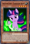 colored_fire fangs female fire green_fire green_magic hair horn open_mouth open_smile purple_body purple_eyes purple_hair smile solo teeth text transformation yu-gi-oh_card badumsquish friendship_is_magic hasbro my_little_pony mythology twilight_sparkle_(mlp) arthropod changeling equid equine mammal mythological_creature mythological_equine unicorn english_text