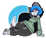 anthro black_body black_clothing black_fur blue_hair clothing ear_piercing ear_ring female fur green_clothing grey_body grey_fur grey_tail hair paws piercing ring_piercing smile solo tail thick_thighs white_body white_fur dogfluid sheazu felid feline mammal 2018 signature