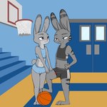 anthro athletic_wear ball bottomwear bulge clothed clothing duo erection female genitals gym hands_on_hips male midriff nipple_outline penis penis_poking_out penis_through_leghole shorts small_penis judyhopps44 kitsune2000 disney zootopia jack_savage judy_hopps lagomorph leporid mammal rabbit 1:1 absurd_res hi_res