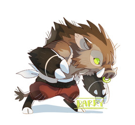 anthro back_tuft beady_eyes bottomwear brown_body brown_fur brown_tail cheek_tuft clothed clothing facial_piercing facial_tuft fur male nose_piercing nose_ring pants piercing red_bottomwear red_clothing red_pants ring_piercing septum_piercing septum_ring shadow simple_background solo standing tail three-quarter_view topless tuft tusks unsigned white_background asnnonaka barry_(asnnonaka) mammal suid suine sus_(pig) wild_boar full-length_portrait hi_res portrait