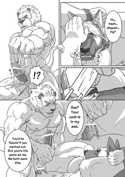 abs anal anal_penetration anthro anus balls bdsm biceps big_muscles blindfold blush bodily_fluids bondage bound bound_top butt chest_tuft cowgirl_position dialogue dominant dominant_male duo erection forced from_front_position fur genital_fluids genitals male male/male male_on_bottom male_on_top male_penetrated male_penetrating male_penetrating_male muscular muscular_male on_bottom on_top pecs penetration penis power_bottom precum rape restraints rope rope_bondage sex straddling submissive submissive_male tail text tuft vein ron9 canid canine canis domestic_dog felid german_shepherd herding_dog lion mammal pantherine pastoral_dog censored comic english_text greyscale hi_res monochrome multiple_scenes translated