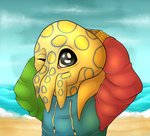 anthro beach clothing hoodie looking_at_viewer male one_eye_closed sea seaside sky skyscape solo topwear water wink winking_at_viewer spottedpockyart elicor blue-ringed_octopus cephalopod coleoid marine mollusk octopodiform octopus headshot_portrait hi_res portrait