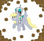 blue_eyes cutie_mark derp_eyes duo feathered_wings feathers female feral food grey_body grey_feathers grin hair long_hair machine muffin on_model quadruped simple_background smile tail toony wings yellow_eyes devo87 friendship_is_magic hasbro invader_zim my_little_pony mythology nickelodeon derpy_hooves_(mlp) gir_(invader_zim) equid equine mammal mythological_creature mythological_equine pegasus robot sir_unit aliasing digital_media_(artwork) microsoft_paint_(artwork)