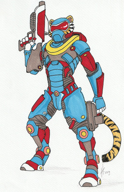 ambiguous_anthro ambiguous_gender anthro armor blue_armor clothed clothing facial_markings front_view fur grey_armor gun head_markings holding_gun holding_object holding_ranged_weapon holding_weapon markings obscured_face ranged_weapon red_armor simple_background solo standing striped_face striped_markings striped_tail stripes tail tail_markings visor weapon white_background yellow_body yellow_fur hufnaar felid mammal pantherine tiger hi_res