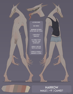 anthro balls bulge claws clothed clothing darkened_balls darkened_genitalia darkened_penis eyeless finger_claws flaccid foreskin genitals grey_background grin hairless horror_(theme) humanoid_genitalia humanoid_penis long_arms long_legs male male_anthro nipples nude nude_anthro nude_male open_mouth penis purple_background shirt simple_background skinny slim slim_anthro slim_male smile solo standing tail tank_top teeth text toe_claws tongue tongue_out topwear underwear unretracted_foreskin masonparker harrow_(masonparker) canid mammal monster english_text hi_res model_sheet