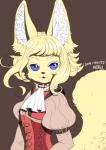 :3 anthro biped black_nose blonde_hair blue_eyes brown_background clothing corset cravat female flat_chested fluffy fluffy_tail front_view fur hair inner_ear_fluff japanese juliet_sleeves kemono lingerie long_tail looking_at_viewer open_mouth open_smile pink_clothing pink_topwear puffy_sleeves red_clothing red_topwear short_hair simple_background slim small_waist smile solo tail topwear tuft yellow_body yellow_fur yellow_tail nogi canid canine fennec_fox fox mammal true_fox 2015 bust_portrait digital_media_(artwork) portrait