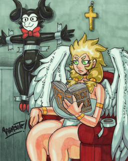 4_fingers bible_(object) big_breasts black_body black_sclera black_skin blonde_hair book bottom_heavy bow_tie bracelet breasts clothing cross curvy_figure duo eyelashes feathered_wings feathers female femboy fingers glistening glistening_body glistening_skin gold_(metal) gold_bracelet gold_jewelry green_eyes hair hooves horn huge_breasts huge_hips huge_thighs inside jewelry leotard light-skinned_female light_body light_skin long_hair male reading_bible religion sitting smile taped_hands taped_to_wall text thick_thighs voluptuous voluptuous_female voluptuous_humanoid white_eyes wide_hipped_female wide_hipped_humanoid wide_hipped_male wide_hips wings parasitedeath baby_taped_to_wall bible christianity el_diablo_(parasitedeath) madam_angel_(parasitedeath) angel angel_humanoid demon demon_humanoid horned_humanoid humanoid winged_humanoid 2025 absurd_res artist_name graphite_(artwork) hi_res marker_(artwork) meme traditional_media_(artwork) watermark