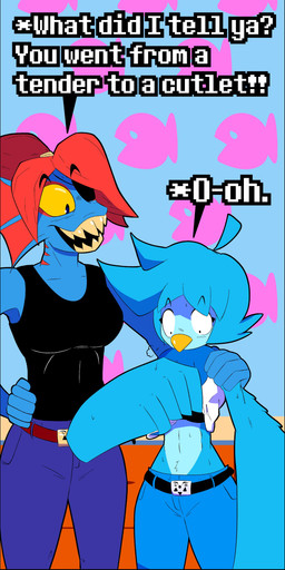 anthro beak biped blue_body blue_feathers blue_hair blue_scales bodily_fluids breasts clothed clothed_anthro clothed_female clothing delta_rune_(emblem) dialogue duo eye_patch eyewear feathers female hair hand_on_shoulder midriff red_hair scales sweat symbol text topwear_lift winged_arms wings merlebirb_(artist) undertale_(series) undertale_yellow martlet_(undertale_yellow) undyne animal_humanoid avian bird fish fish_humanoid humanoid marine marine_humanoid 2024 absurd_res digital_drawing_(artwork) digital_media_(artwork) english_text hi_res