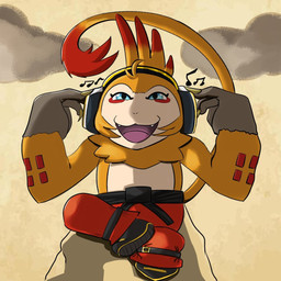 anthro blue_eyes bottomwear clothing electronics fur headphones male orange_body orange_fur pants shirtless_anthro shirtless_male solo morericeartwork bandai_namco digimon digimon_(species) haplorhine kakamon mammal monkey primate 1:1