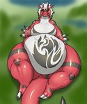 2_horns 3_fingers 3_toes anthro belly big_belly big_hands black_claws claws digitigrade feet feral finger_claws fingers green_eyes hair horn huge_belly huge_thighs light looking_at_viewer lying_on_ground male morbidly_obese morbidly_obese_anthro multicolored_body obese obese_anthro on_ground overweight overweight_anthro overweight_male red_arms red_body red_legs short_hair simple_background smile solo tail talon_hands talons thick_arms thick_neck thick_tail thick_thighs toe_claws toes white_belly white_body white_claws white_hair wide_hips grinex bandai_namco digimon digimon_(species) growlmon 2016 5:6 cel_shading digital_drawing_(artwork) digital_media_(artwork) full-length_portrait hi_res lighting portrait shaded signature