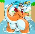 anthro anus backsack balls big_butt butt fin genitals looking_at_viewer looking_back male non-mammal_balls nude open_mouth orange_body scarf skinny_dipping solo thick_thighs zombiehandr mario_bros nintendo super_mario_3d_world plessie dinosaur prehistoric_species reptile scalie absurd_res hi_res