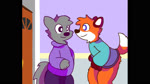 anthro anthro_on_anthro big_eyes bottomless bottomless_anthro bottomless_male bottomwear clothed clothing clothing_pull covering covering_crotch door duo hoodie inside male male/male night pants shirt shirt_pull surprise tail tail_motion tailwag text topwear topwear_pull window ohfourmouse canid canine canis fox mammal wolf 16:9 2021 2d_animation animated frame_by_frame hi_res pillarbox short_playtime sound subtitled voice_acted webm widescreen