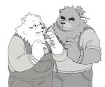 anthro black_nose clothing duo eyewear glasses humanoid_hands male overalls overweight overweight_male shirt simple_background topwear white_background tiger_cub shiro_to_kuro bear mammal polar_bear ursine 2016