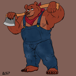 anthro axe brown_body brown_fur clothing fur humanoid_hands male melee_weapon musclegut muscular nipples overalls solo weapon allovic87 little_bear nelvana uncle_rusty_(little_bear) bear mammal 1:1 2020 hi_res