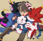 anthro black_body brown_hair claws evolutionary_family green_eyes group hair jealous male red_body scarf kubota_keita bandai_namco digimon digimon_ghost_game hiro_amanokawa betelgammamon digimon_(species) gammamon gulusgammamon human mammal scalie