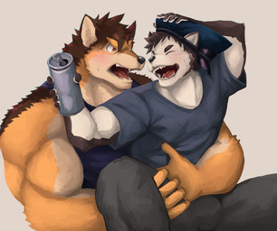 alcohol anthro beer beverage biceps blush countershading drunk duo fur hug male male/male multicolored_body multicolored_fur muscular muscular_anthro muscular_male substance_intoxication bbrt534 lifewonders live_a_hero barrel_(live_a_hero) dog_operator canid canine canis domestic_dog mammal wolf hi_res
