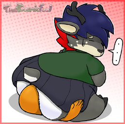 anthro antlers big_butt blue_hair bodily_fluids bottomwear butt butt_crush clothing duo eyes_closed facesitting hair hands_on_legs hands_on_thighs horn male orange_body scut_tail short_tail sitting_on_another skirt sweat sweatdrop tail thick_thighs thecosmicfool ruben_(afrothicc720) deer mammal 2024 digital_drawing_(artwork) digital_media_(artwork) signature