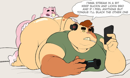 3_toes 5_fingers anal anthro anthro_on_anthro bed belly big_belly big_butt bodily_fluids bottomless brown_body brown_hair brown_markings brown_skin butt cheek_tuft cigarette cigarette_in_mouth clothed clothing controller dialogue duo electronics eyebrows face_in_ass facial_tuft feet fingers fur furniture game_controller gaming gloves_(marking) green_clothing green_shirt green_topwear grey_background grey_body grey_fur hair hand_on_butt head_tuft headgear headphones headset holding_controller holding_object holding_phone huge_butt humanoid_hands larger_male leg_markings light lying male male/male markings moobs multicolored_body multicolored_fur narrowed_eyes nude object_in_mouth on_bed on_front one_eye_closed open_mouth oral overweight overweight_anthro overweight_male phone pink_body pink_fur pink_nose pink_tail ps4_controller rimming sex shirt simple_background size_difference small_tail smaller_male socks_(marking) speech_bubble sweat sweaty_face tail tan_body tan_skin text thick_eyebrows thick_thighs toes topwear tuft two_tone_body two_tone_fur wide_hips conditional_dnp erobos playstation playstation_4 sony_corporation sony_interactive_entertainment roz_(erobos) domestic_cat felid feline felis mammal 2025 colored digital_drawing_(artwork) digital_media_(artwork) english_text flat_colors hi_res lighting widescreen