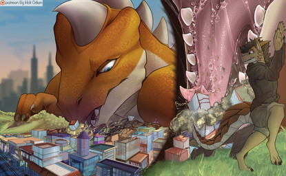 anthro black_clothing bottomwear building city city_crushing city_destruction clothing debris destruction extreme_size_difference landscape_dwarfing licking macro mass_vore open_mouth orange_body patreon_logo shorts size_difference skyscraper text tongue tongue_out vore holt-odium mythology patreon vamux dragon mythological_creature mythological_scalie scalie 2022 english_text hi_res