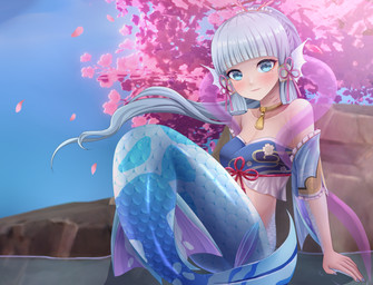 alternate_species blue_eyes blue_tail cherry_blossom clothed clothed_female clothing ear_fins female fin flower gills light_body light_skin mermaidification neck_gills outside plant prunus_(flower) sitting solo split_form tail water zephylyne genshin_impact mihoyo kamisato_ayaka aquatic humanoid_merfolk merfolk absurd_res hi_res