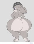 anthro big_butt bodily_fluids bowler_hat breasts breath buckteeth butt butt_focus clothing cotton_tail feet female fur grey_body grey_fur hands_on_hips hat hat_only headgear headgear_only headwear headwear_only huge_butt huge_hips hyper hyper_butt hyper_hips looking_forward mostly_nude multicolored_body multicolored_fur nude open_mouth purple_eyes rear_view scut_tail short_stack short_tail simple_background solo standing sweat tail teeth text thick_thighs tiptoes two_tone_body two_tone_fur wide_hips xero_(artist) disney zootopia judy_hopps lagomorph leporid mammal rabbit 2016 hi_res signature