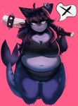 ahoge angry anthro bangs bat_(object) belly big_breasts biped black_bra black_clothing black_panties black_underwear blush blush_lines bra breasts cleavage clothed clothing curvy_figure female fish_tail front_view frown hair holding_baseball_bat holding_bat huge_thighs long_hair looking_at_viewer love_handles markings narrowed_eyes navel overweight overweight_anthro overweight_female panties pink_background purple_body purple_hair purple_skin red_eyes simple_background solo speech_bubble spiked_bat spots spotted_body standing stare tail thick_thighs underwear underwear_only wide_hips locksnurf harper_(locksnurf) fish marine shark 2022 digital_drawing_(artwork) digital_media_(artwork) hi_res portrait three-quarter_portrait