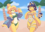 anthro bandage beach black_eyes black_nose blonde_hair blue_body blue_eyes blue_fur blue_hair blush blush_stickers clothing cloud duo egyptian egyptian_clothing egyptian_headdress female floppy_ears fur green_clothing green_swimwear hair lop_ears markings navel palm_tree plant pupils sea short_hair slit_pupils smile striped_markings striped_tail stripes swimwear tail tail_markings thick_thighs tree water white_body white_fur wide_hips yellow_body yellow_fur buttercolors animal_crossing nintendo ankha_(animal_crossing) isabelle_(animal_crossing) canid canine canis domestic_cat domestic_dog felid feline felis mammal shih_tzu toy_dog hi_res