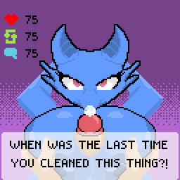 anthro blue_body blue_skin bodily_fluids breast_play breasts duo female genital_fluids glare_(lighting) looking_at_viewer looking_up looking_up_at_viewer male male/female precum sex text titfuck geeksfortune human kobold mammal scalie 1:1 digital_media_(artwork) english_text low_res pixel_(artwork)