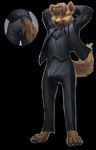 anthro athletic big_bulge black_clothing black_nose brown_body brown_eyes brown_fur bulge claws clothed clothing cutaway digitigrade dress_pants dress_shirt fully_clothed fur hands_behind_head looking_at_viewer male pawpads paws raised_arms shirt smile smiling_at_viewer solo suit suit_and_tie suit_jacket suit_pants suit_vest tail tan_body tan_fur toe_claws topwear dsw7 jarl_hyena hyena mammal spotted_hyena 2023 alpha_channel hi_res