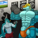 1:1 2023 5_fingers abs anthro athletic athletic_anthro athletic_male balls barbell barely_contained barely_contained_balls barely_contained_penis bicep_curl biceps big_balls big_bulge big_muscles big_penis blue_body blue_eyes blue_scales blurred_background boxer_briefs boxer_briefs_only bulge clothed clothing collared_lizard common_collared_lizard countershade_tail countershade_torso countershading detailed_bulge digital_drawing_(artwork) digital_media_(artwork) dumbbell duo exercise fingers genitals green_body green_eyes green_scales grin hi_res huge_balls huge_penis humanoid_genitalia humanoid_penis larger_anthro larger_male lizard looking_at_bulge looking_at_genitalia looking_at_penis male male/male markings microsoft microsoft_windows monroe_lehner monroethelizard muscular muscular_anthro muscular_male non-mammal_balls orange_body orange_clothing orange_scales orange_underwear pecs penis public red_clothing red_underwear reptile scales scalie shaded signature size_difference smaller_anthro smaller_male smile soft_shading spots spotted_markings standing striped_markings stripes surprise surprised_expression tail tenting thong topless underwear underwear_only vein veiny_penis weights windows_xp workout yellow_body yellow_scales zephis_lacertilia