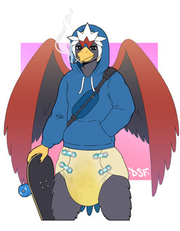 abstract_background anthro back_wings bag beak black_claws black_eyeliner black_eyes black_finger_claws black_makeup black_straps black_talons blue_bag blue_cere blue_clothing blue_diaper_fastener blue_fastener blue_hoodie blue_tail blue_tail_feathers blue_tail_tip blue_topwear bodily_fluids cere_(anatomy) chest_bag cigarette cigarette_in_mouth cigarrete claws cloth_diaper clothed clothing diaper diaper_fastener diaper_fetish diaper_use dipstick_tail drawstring drawstring_clothing drawstring_hoodie drawstring_topwear eyelashes eyeliner fan_tail fastener feather_hair feather_tuft feathered_crest feathered_wings feathers finger_claws front_view genital_fluids glistening glistening_beak glistening_eyes gradient_background grey_body grey_crotch grey_face grey_feathers grey_legs grey_wings hand_in_pocket head_crest holding_object holding_skateboard hood_up hoodie humanoid_hands laid_back lit_cigarette logo makeup male markings multicolored_body multicolored_feathers multicolored_tail multicolored_tail_feathers object_in_mouth pink_background pockets pokemorph pseudo_hair purple_background red_body red_feathered_crest red_feathers red_tail red_tail_feathers red_wings simple_background skateboard smoke smoking smoking_cigarette solo swollen_diaper tail tail_feathers tail_markings talon_hands tan_cloth_diaper tan_feather_hair topwear tuft unclean_diaper urine used_diaper vehicle wearing_diaper wet_diaper white_background white_diaper_fastener white_drawstring white_fastener white_feathered_crest wings yellow_beak yellow_hands yellow_tail yellow_tail_feathers darksidefighter nintendo pokemon fan_character nado_soarian accipitrid accipitriform avian bird braviary eagle generation_5_pokemon pokemon_(species) artist_logo digital_drawing_(artwork) digital_media_(artwork) hi_res portrait three-quarter_portrait