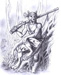 0laffson 2024 anthro arquebus biped bottomwear canid canine chest_tuft claws clothing finger_claws fingers fur graphite_(artwork) grass gun hand_on_knee hand_on_leg headkerchief hi_res holding_object holding_weapon inner_ear_fluff kerchief looking_at_viewer looking_forward male mammal melee_weapon monochrome notched_ear outside pants paws pencil_(artwork) plant ranged_weapon roots scabbard shadow signature sitting solo sword tail tail_tuft tail_wraps toe_claws traditional_media_(artwork) tuft weapon wraps