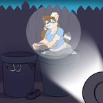 anthro blue_clothing blue_shirt blue_topwear breasts clothing eating female flashlight footwear human_to_anthro inside_trash_can looking_at_viewer mid_transformation outside shirt shoes solo species_transformation topwear transformation trash trash_can robertge human mammal procyonid raccoon 2023 digital_media_(artwork)