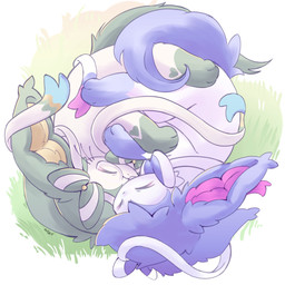 blue_body blue_fur comfortable cuddling curled_tail duo eyes_closed eyewear feral fur glasses grass green_body green_fur head_tuft hug lying lying_on_ground male male/male on_ground on_side outside plant romantic romantic_couple sleeping sleeping_together tail tail_tuft tuft whiskers mrcat11 nintendo pokemon delisylvi_(character) polveon_(character) eeveelution generation_6_pokemon pokemon_(species) shiny_pokemon sylveon 1:1 hi_res