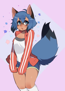 ahoge anthro blue_eyes blue_hair blush bottomwear breasts brown_body brown_fur cleavage clothed clothing female footwear fur hair jacket legwear open_mouth oversized_sleeves pink_background shirt shorts simple_background small_breasts socks solo standing star topwear fredek666 brand_new_animal studio_trigger michiru_kagemori canid canine mammal raccoon_dog tanuki digital_media_(artwork) hi_res portrait three-quarter_portrait