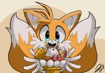 anthro blue_eyes clothing dessert dipstick_tail food fur gloves handwear ice_cream male markings multicolored_tail open_mouth open_smile smile solo tail tail_markings white_clothing white_gloves white_handwear sonicaimblu19 sega sonic_the_hedgehog_(series) miles_prower canid canine fox mammal 2018 absurd_res hi_res